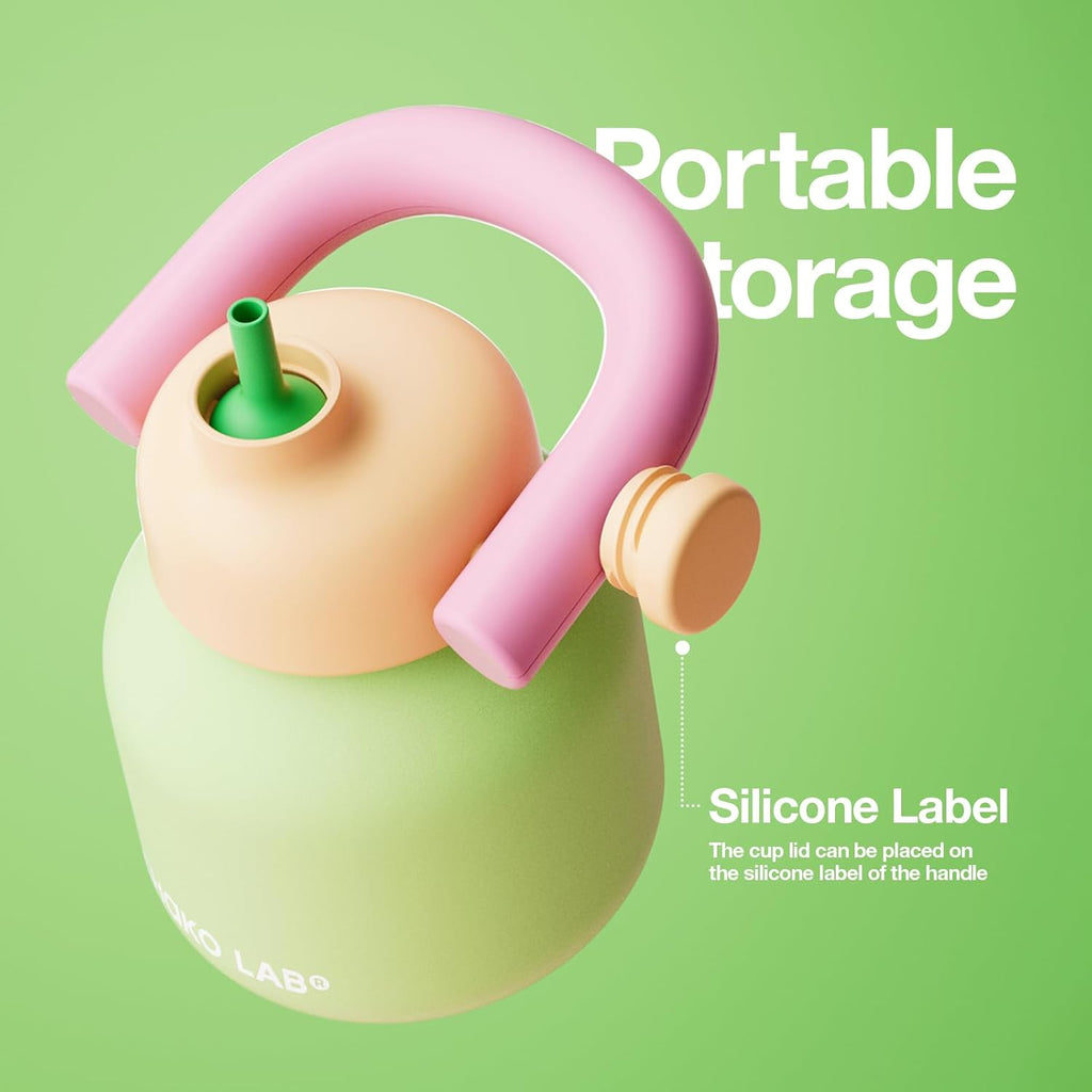 CHAKO LAB Water Bottle with Straw and Carry Handle | Wide Mouth vacuum insulated stainless steel Bottles | Reusable, leak-proof and BPA-free | 33oz(Green&Orange)