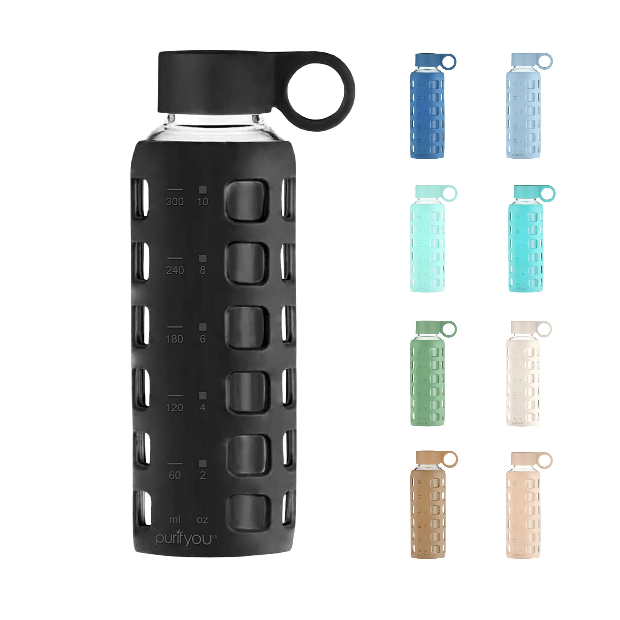 purifyou 40oz / 32oz / 22oz / 12oz Borosilicate Glass Water Bottle with Time & Volume Markers, Silicone Sleeve, Stainless Steel Lid | Reusable Glass Bottle for Water & Juice (32oz Jet Black)