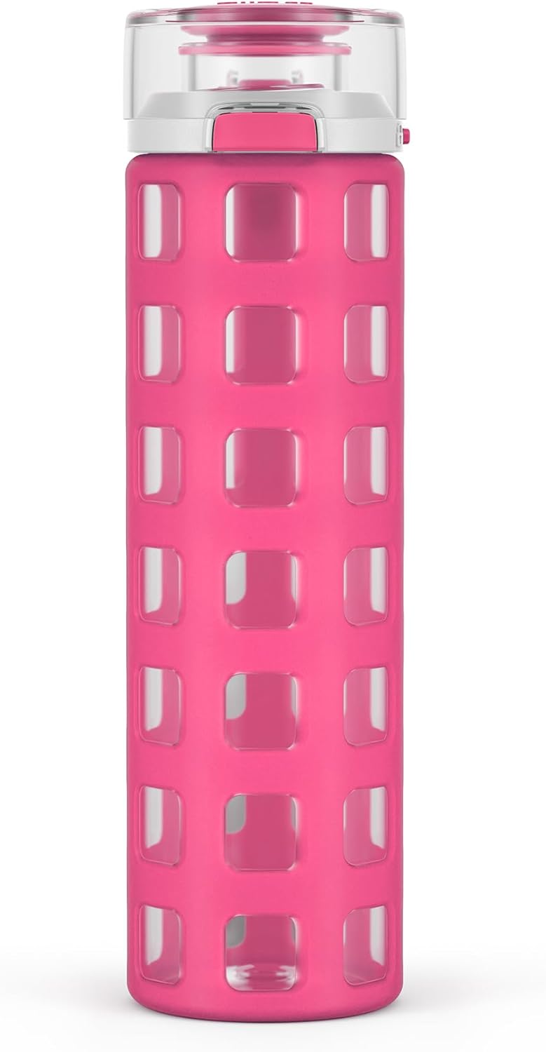 Ello Syndicate 20oz Reusable Glass Water Bottle with One-Touch Leak Proof Flip Lid and Protective Non-Slip Silicone Sleeve and Carry Loop for Coffee, Tea and Water, BPA-free, Dishwasher Safe, Pink