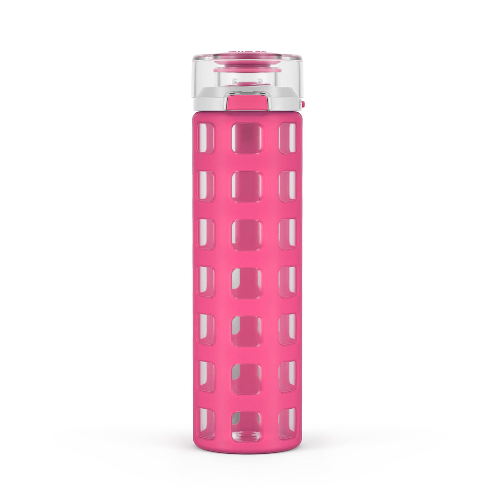 Ello Syndicate 20oz Reusable Glass Water Bottle with One-Touch Leak Proof Flip Lid and Protective Non-Slip Silicone Sleeve and Carry Loop for Coffee, Tea and Water, BPA-free, Dishwasher Safe, Pink