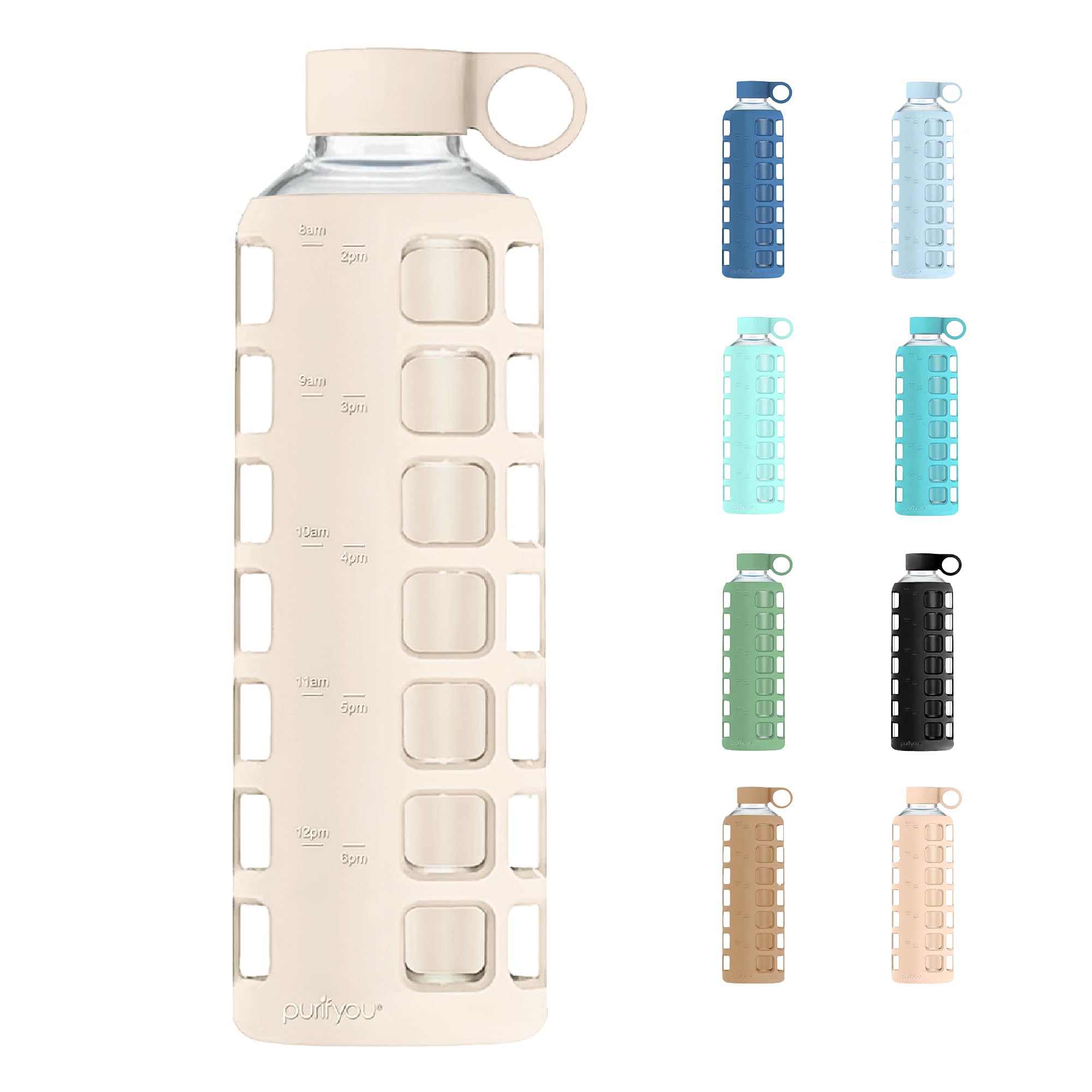 purifyou 40oz / 32oz / 22oz / 12oz Borosilicate Glass Water Bottle with Time & Volume Markers, Silicone Sleeve, Stainless Steel Lid | Reusable Glass Bottle for Water & Juice (32oz Jet Black)