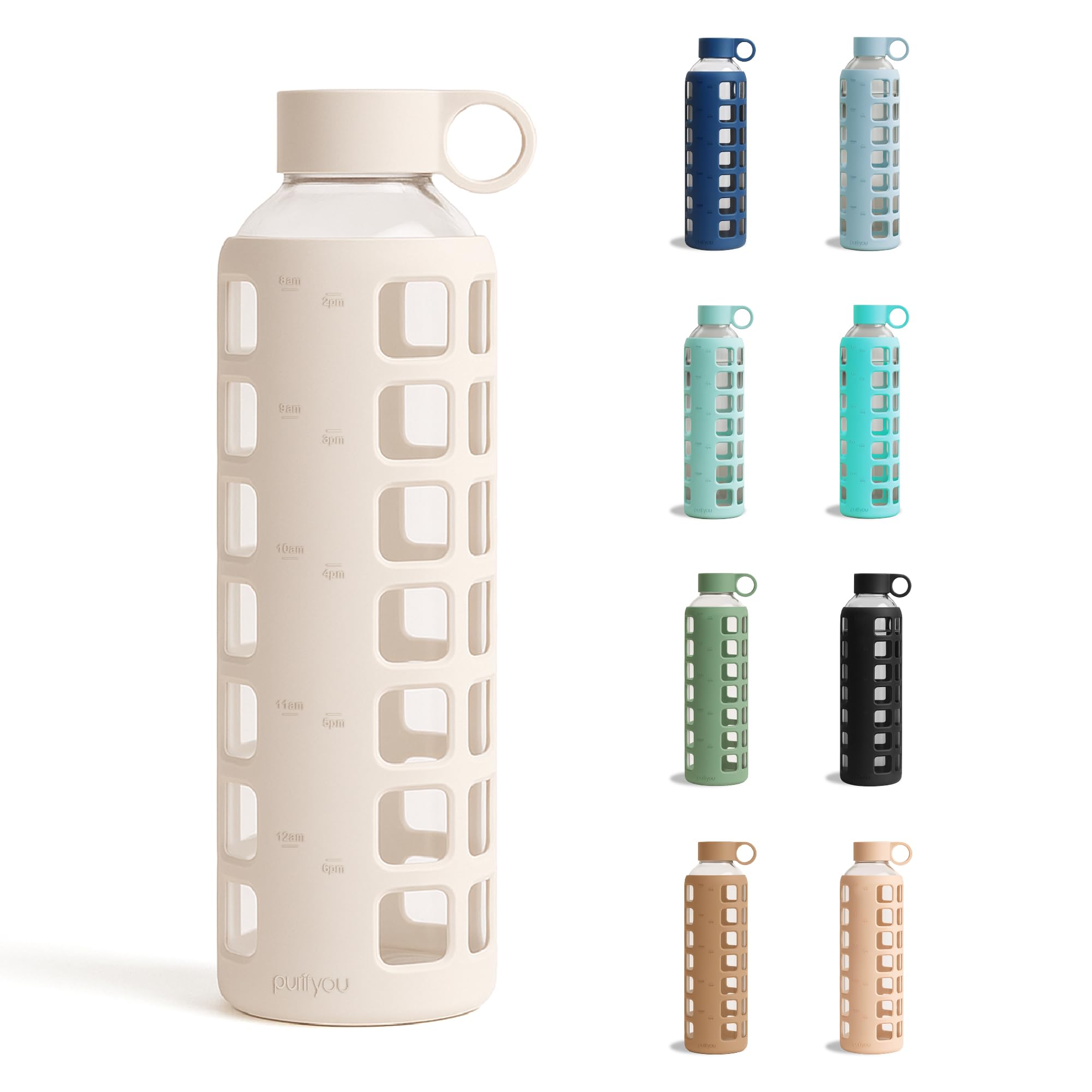 purifyou 40oz / 32oz / 22oz / 12oz Borosilicate Glass Water Bottle with Time & Volume Markers, Silicone Sleeve, Stainless Steel Lid | Reusable Glass Bottle for Water & Juice (32oz Jet Black)