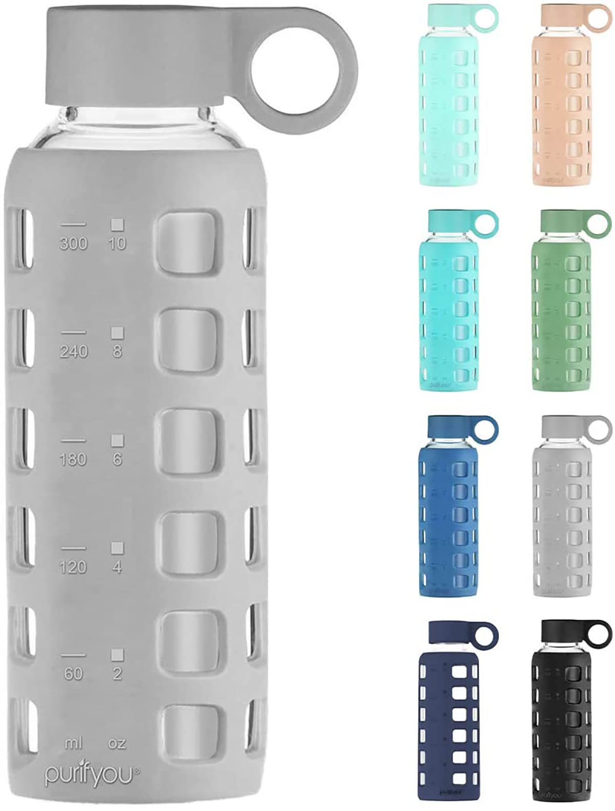 purifyou 40oz / 32oz / 22oz / 12oz Borosilicate Glass Water Bottle with Time & Volume Markers, Silicone Sleeve, Stainless Steel Lid | Reusable Glass Bottle for Water & Juice (32oz Jet Black)