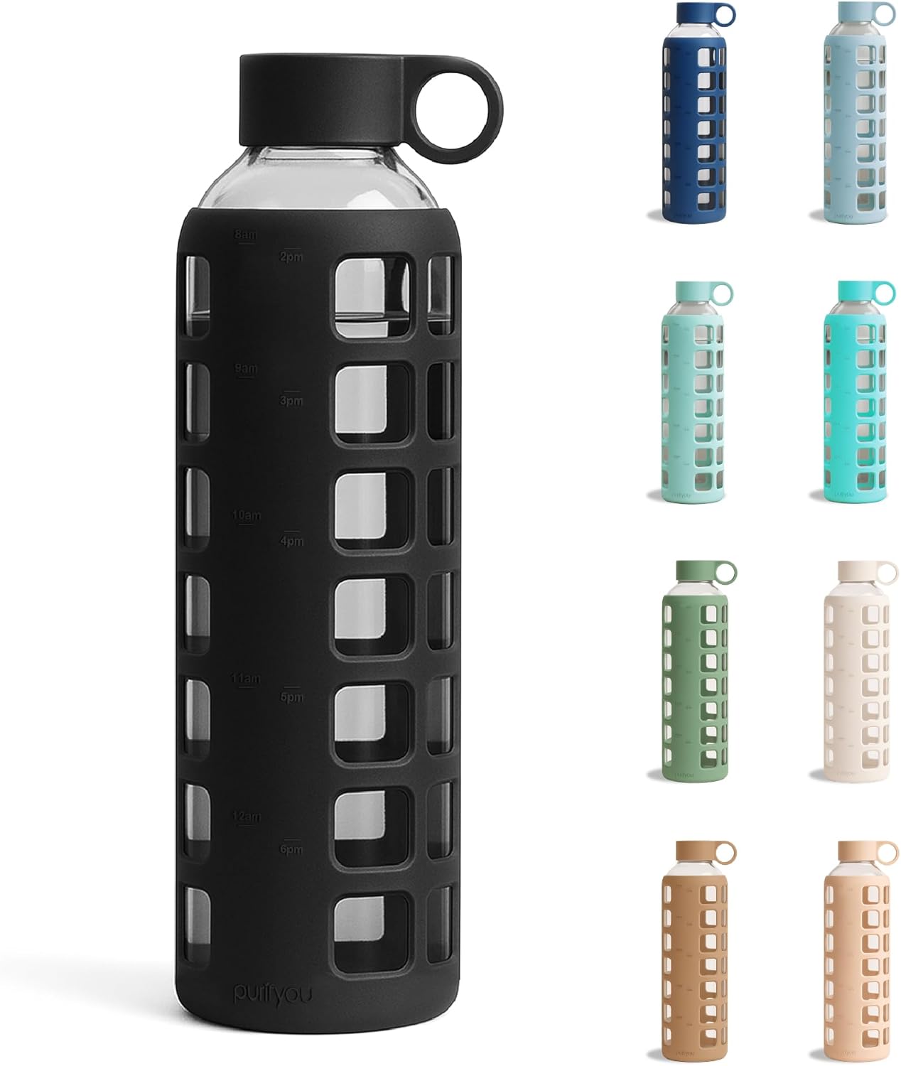 purifyou 40oz / 32oz / 22oz / 12oz Borosilicate Glass Water Bottle with Time & Volume Markers, Silicone Sleeve, Stainless Steel Lid | Reusable Glass Bottle for Water & Juice (32oz Jet Black)