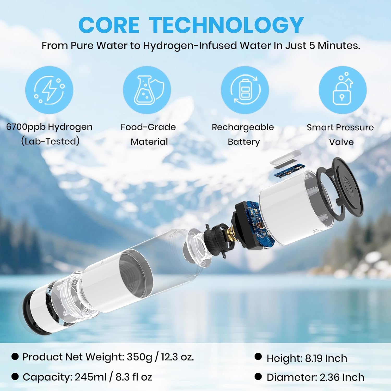 Hydrogen Water Bottle Portable Hydrogen Generator 6700ppb High Concentration Medical Grade 8.3oz USA Brand N117 SPE Platinum PEM Technology Hydrogen Bottle 100% Leaking Poof