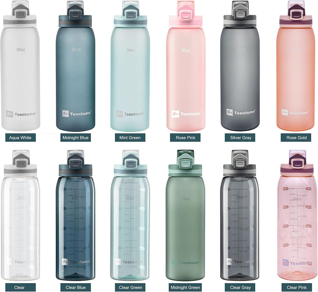 30oz Sport Water Bottle with Time Markers, Large Durable Gym Plastic Bottle Tritan BPA Free for Fitness, School, Outdoor Enthusiasts, Leakproof Clear (Pack of 1)