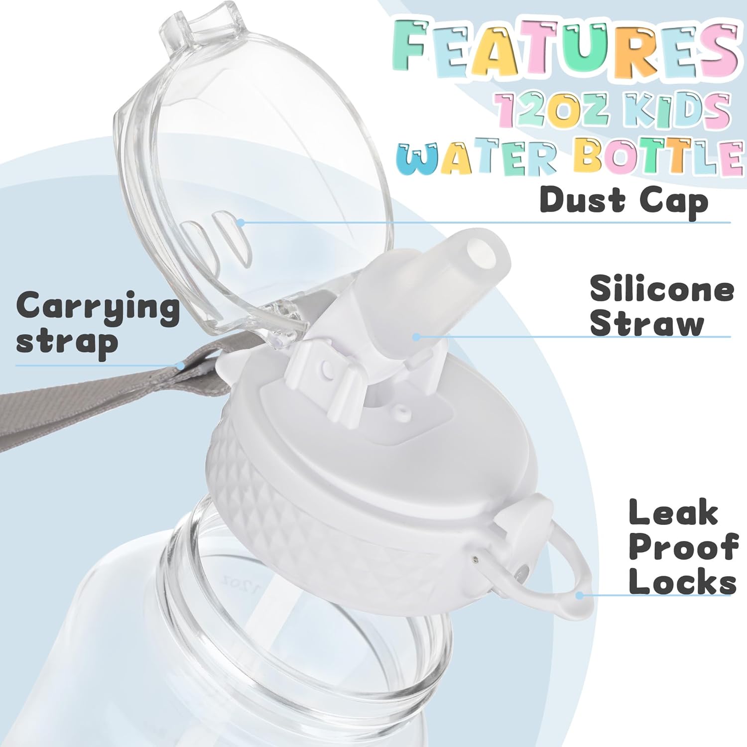 OLDLEY 12oz Kids Motivational Water Bottle, Silicone Straw, Leak-Proof Tritan BPA-Free, Reusable for School Girls & Boys, Clear