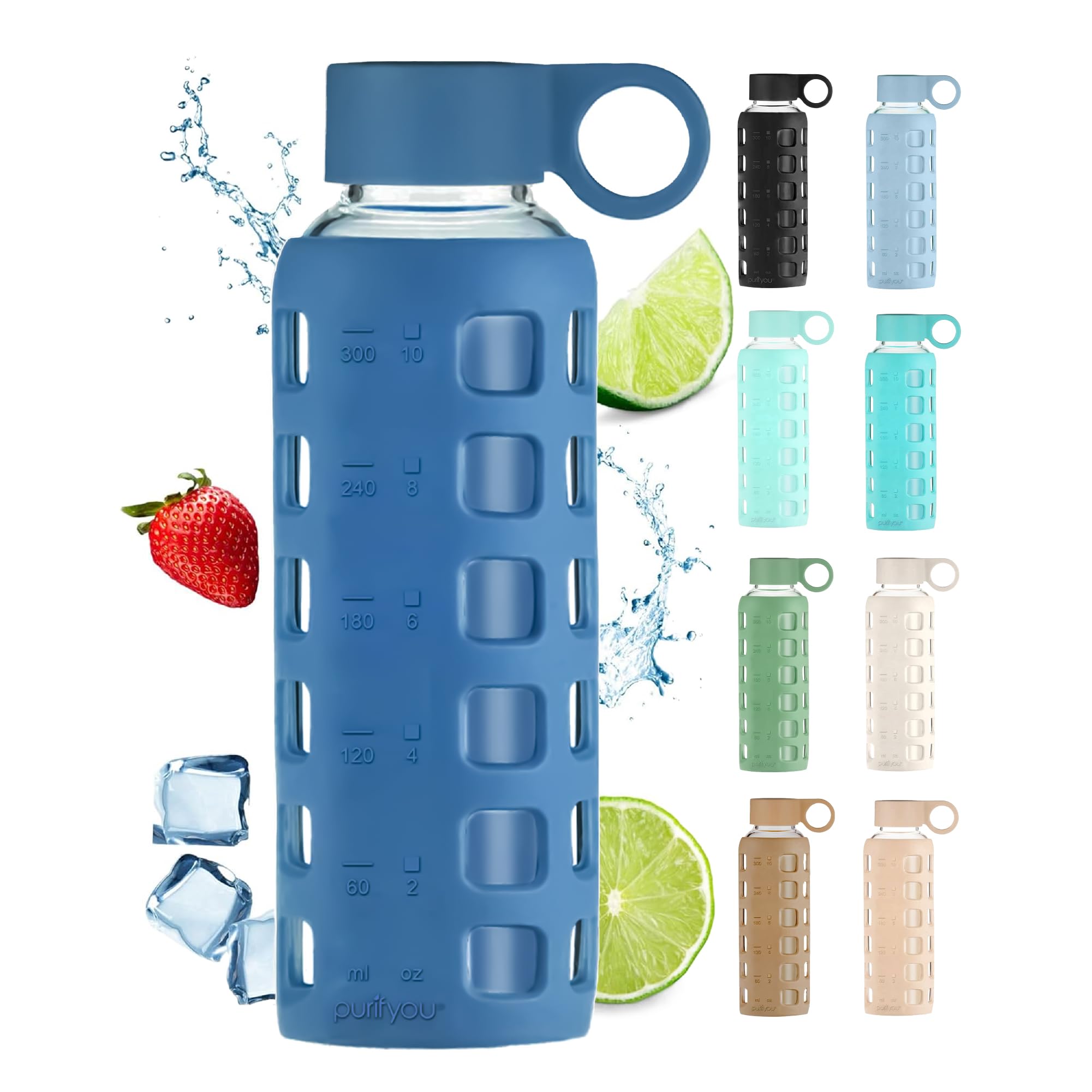 purifyou 40oz / 32oz / 22oz / 12oz Borosilicate Glass Water Bottle with Time & Volume Markers, Silicone Sleeve, Stainless Steel Lid | Reusable Glass Bottle for Water & Juice (32oz Jet Black)
