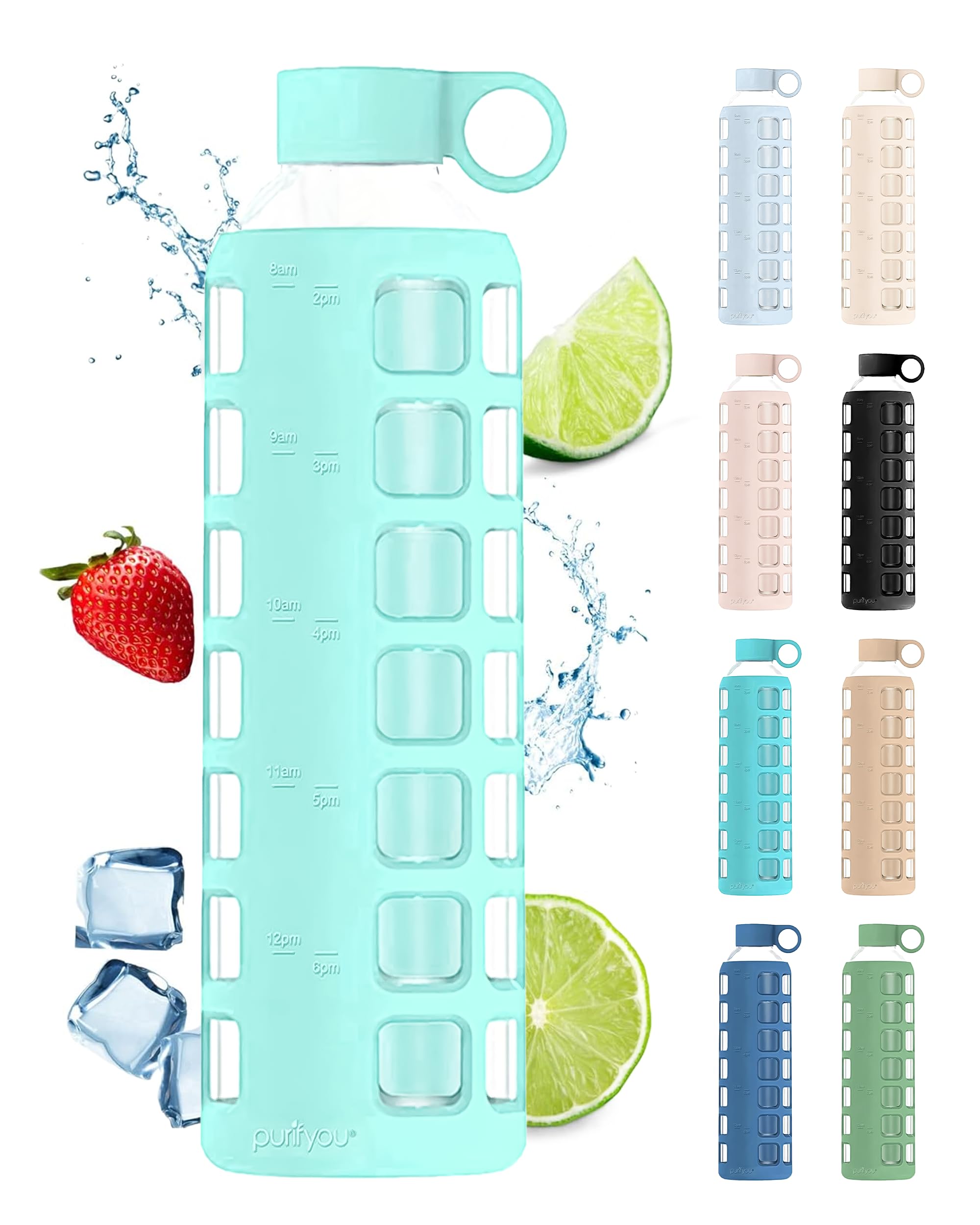 purifyou 40oz / 32oz / 22oz / 12oz Borosilicate Glass Water Bottle with Time & Volume Markers, Silicone Sleeve, Stainless Steel Lid | Reusable Glass Bottle for Water & Juice (32oz Jet Black)