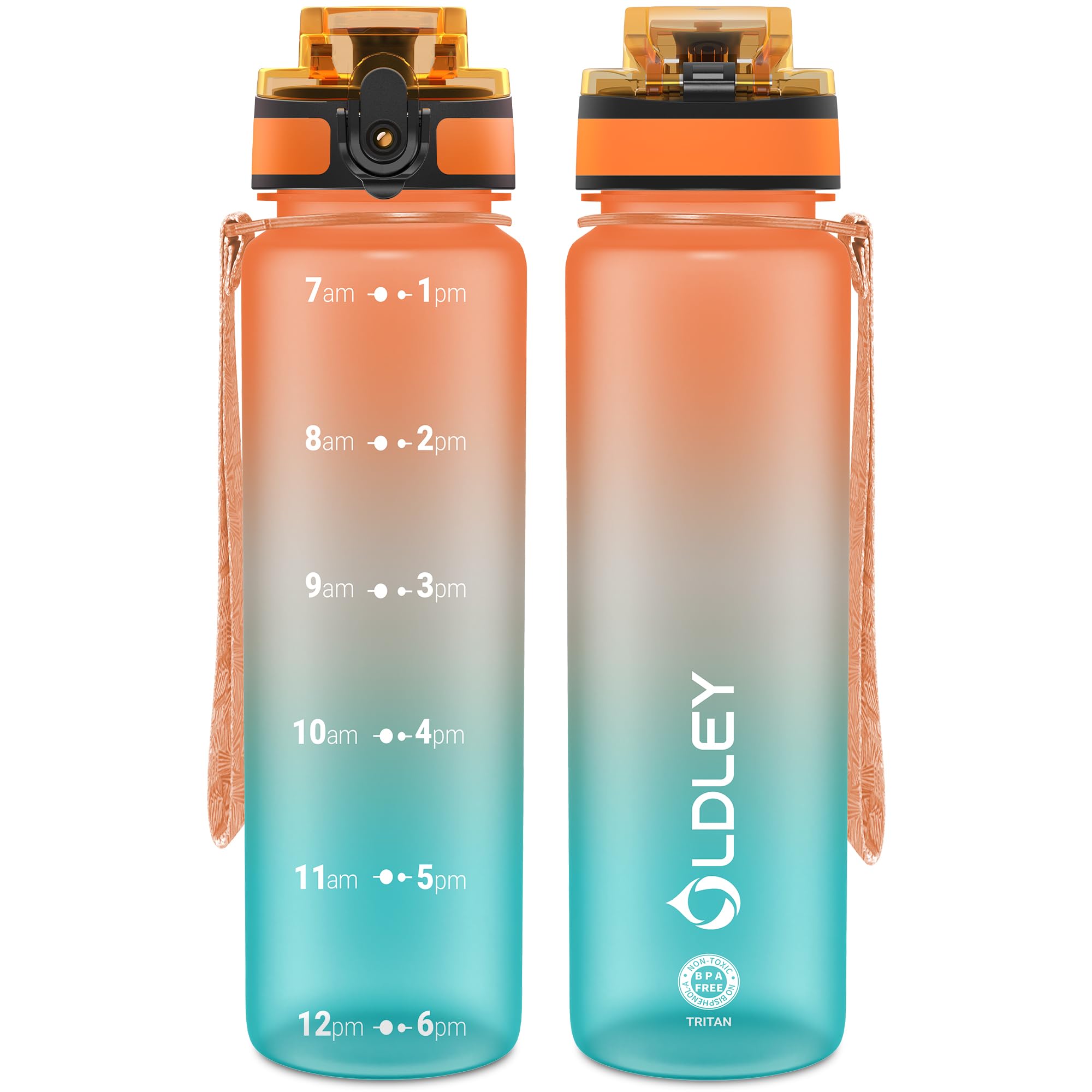 OLDLEY 32 oz Water Bottle, Motivational Water Bottle with Time Marker, Sports Water Bottle With Strap, Leakproof & BPA Free Large Water Bottles for School, Gym, Travel, Outdoor, Tritan, Transparent