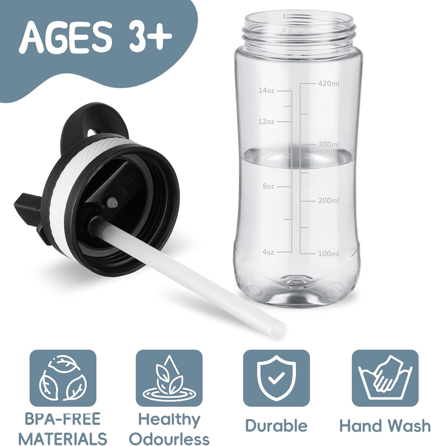 Water Bottle Kids 14oz Flip with Straw Carry Handle, Leakproof, Reusable, Tritan, BPA Free, Suitable for Boys and Girls, Clear