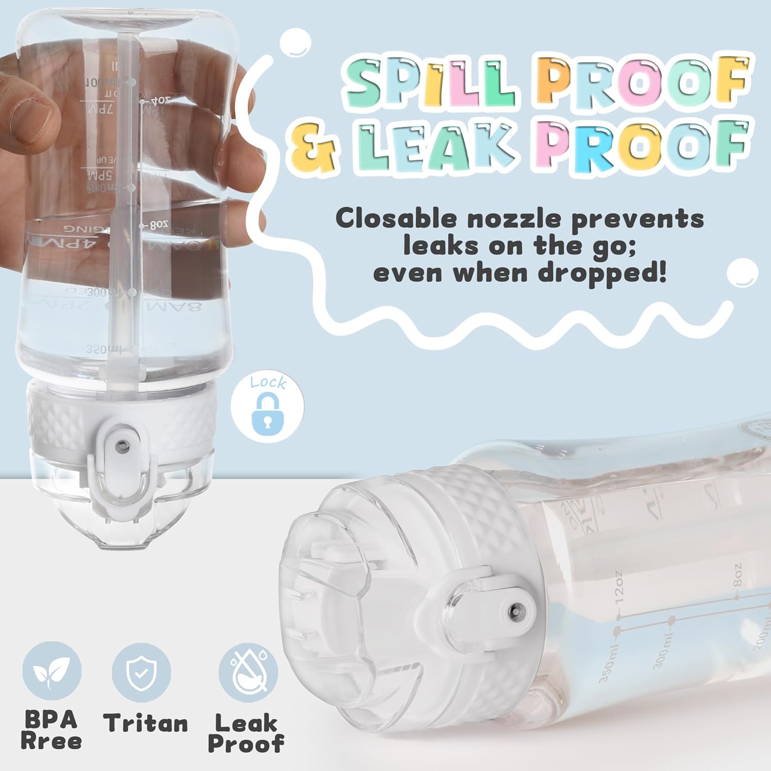 OLDLEY 12oz Kids Motivational Water Bottle, Silicone Straw, Leak-Proof Tritan BPA-Free, Reusable for School Girls & Boys, Clear