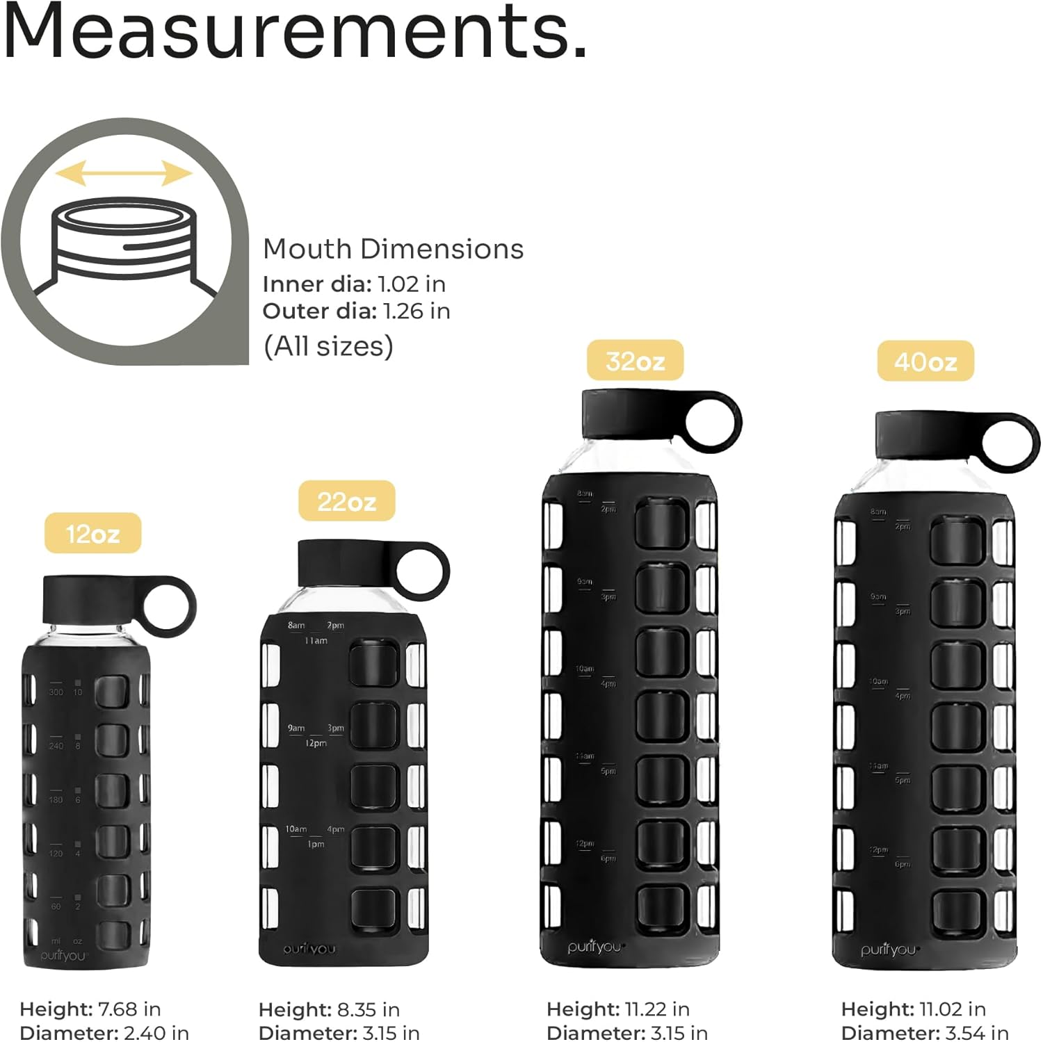 purifyou 40oz / 32oz / 22oz / 12oz Borosilicate Glass Water Bottle with Time & Volume Markers, Silicone Sleeve, Stainless Steel Lid | Reusable Glass Bottle for Water & Juice (32oz Jet Black)