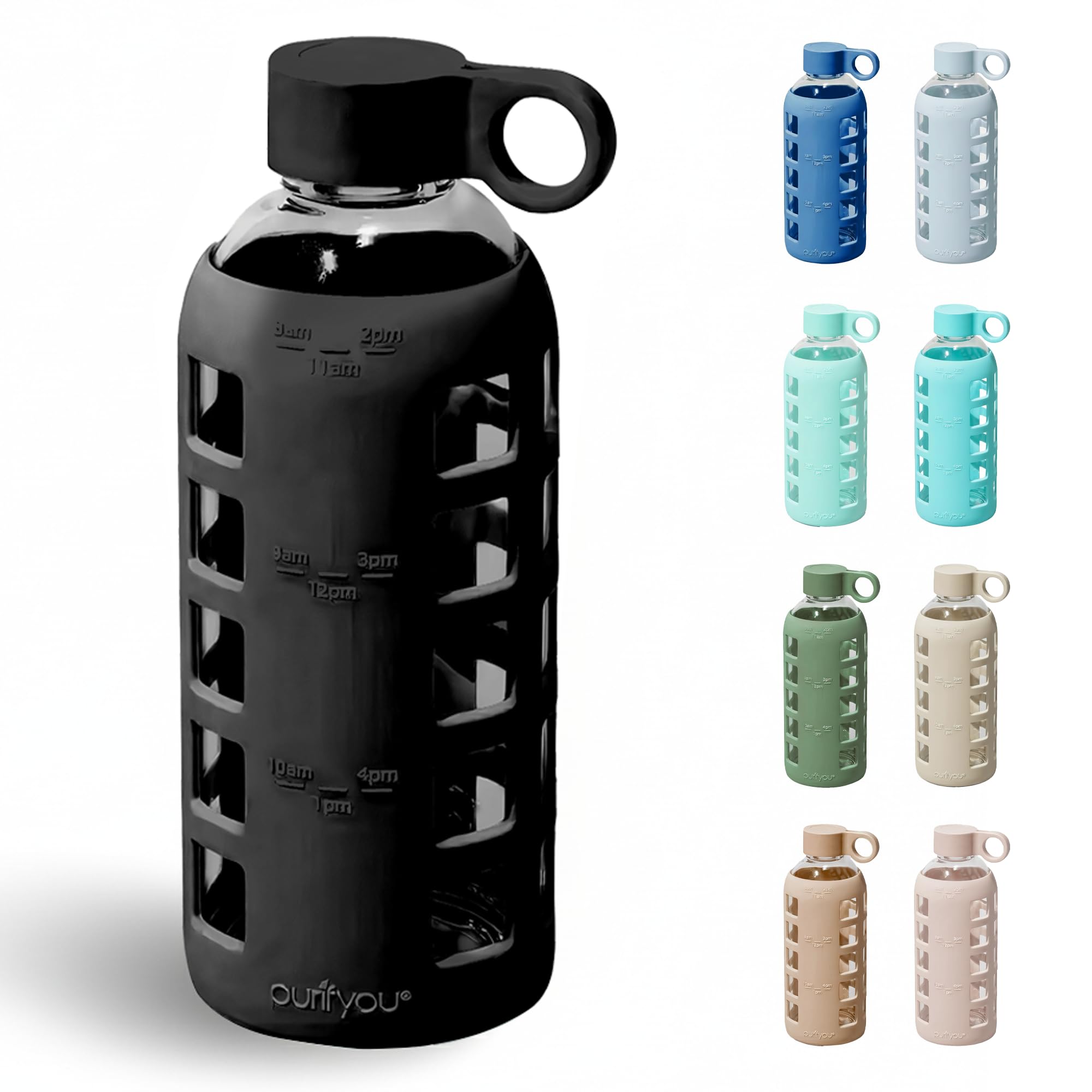 purifyou 40oz / 32oz / 22oz / 12oz Borosilicate Glass Water Bottle with Time & Volume Markers, Silicone Sleeve, Stainless Steel Lid | Reusable Glass Bottle for Water & Juice (32oz Jet Black)