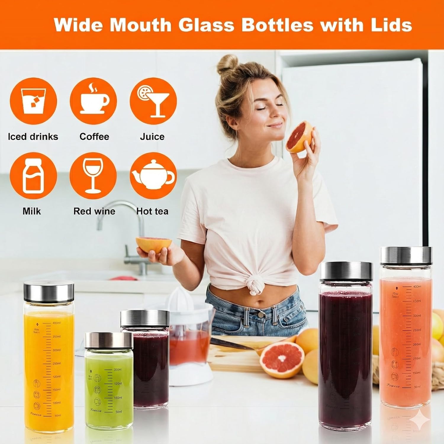Glass Juice Bottles 4 Pack 20 oz - Wide Mouth Glass Water Bottles with Lids - for Juicing, Protein, Smoothie, Milk, Reusable, BPA Free, Stainless Steel Lids, Blender, Shaker Bottle (600ml)