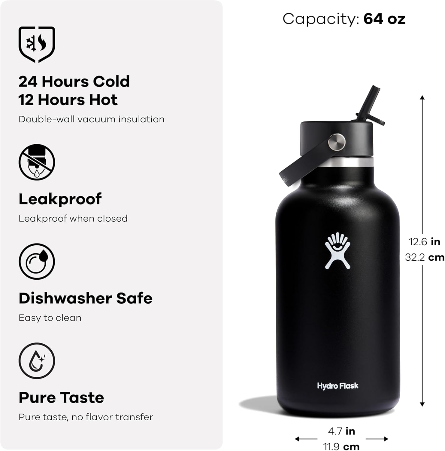 Hydro Flask Water Bottle - Insulated Stainless Steel - Wide Mouth Flex Straw Lid, Non Spill, Leakproof and Refillable in 64 Oz Tonal Agave