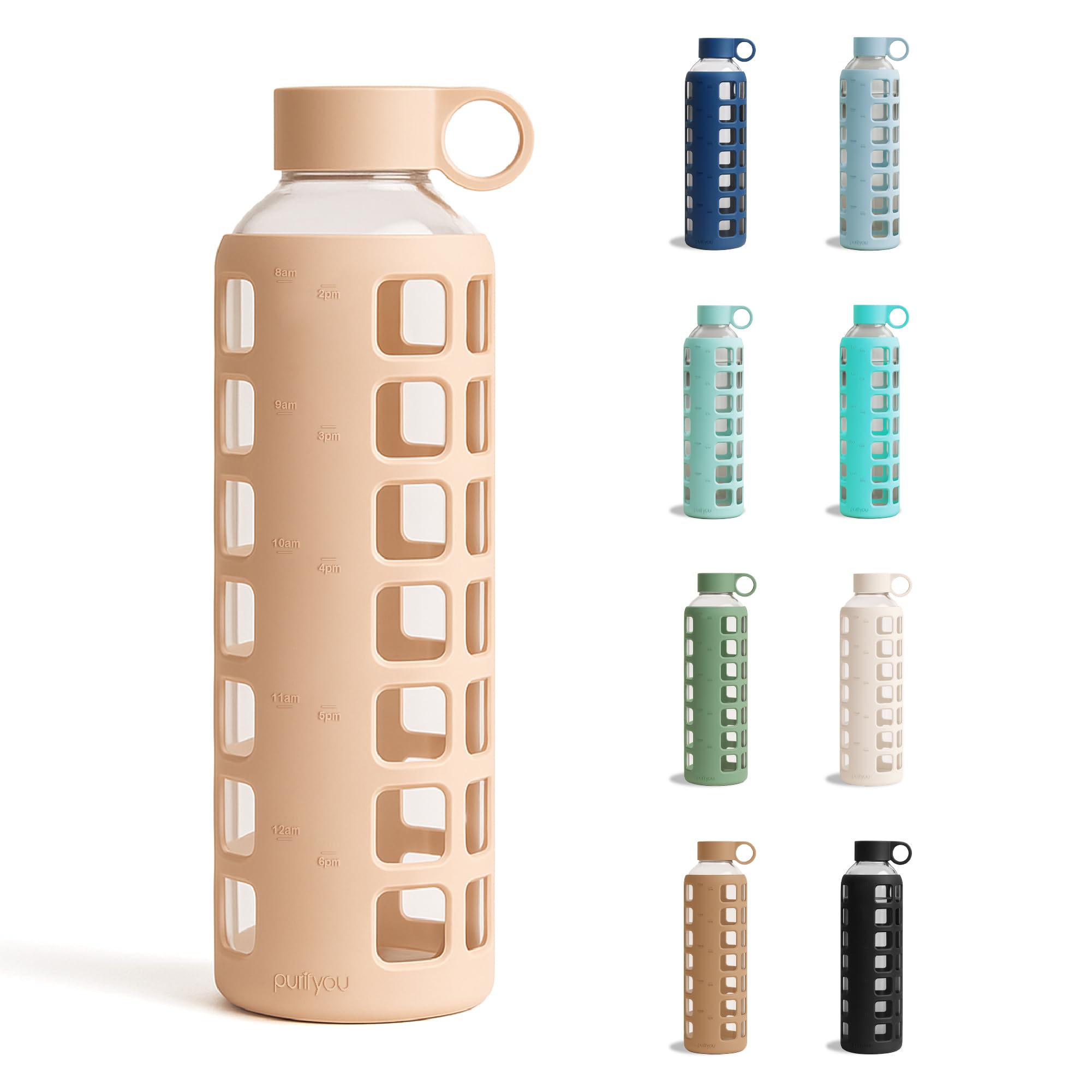 purifyou 40oz / 32oz / 22oz / 12oz Borosilicate Glass Water Bottle with Time & Volume Markers, Silicone Sleeve, Stainless Steel Lid | Reusable Glass Bottle for Water & Juice (32oz Jet Black)