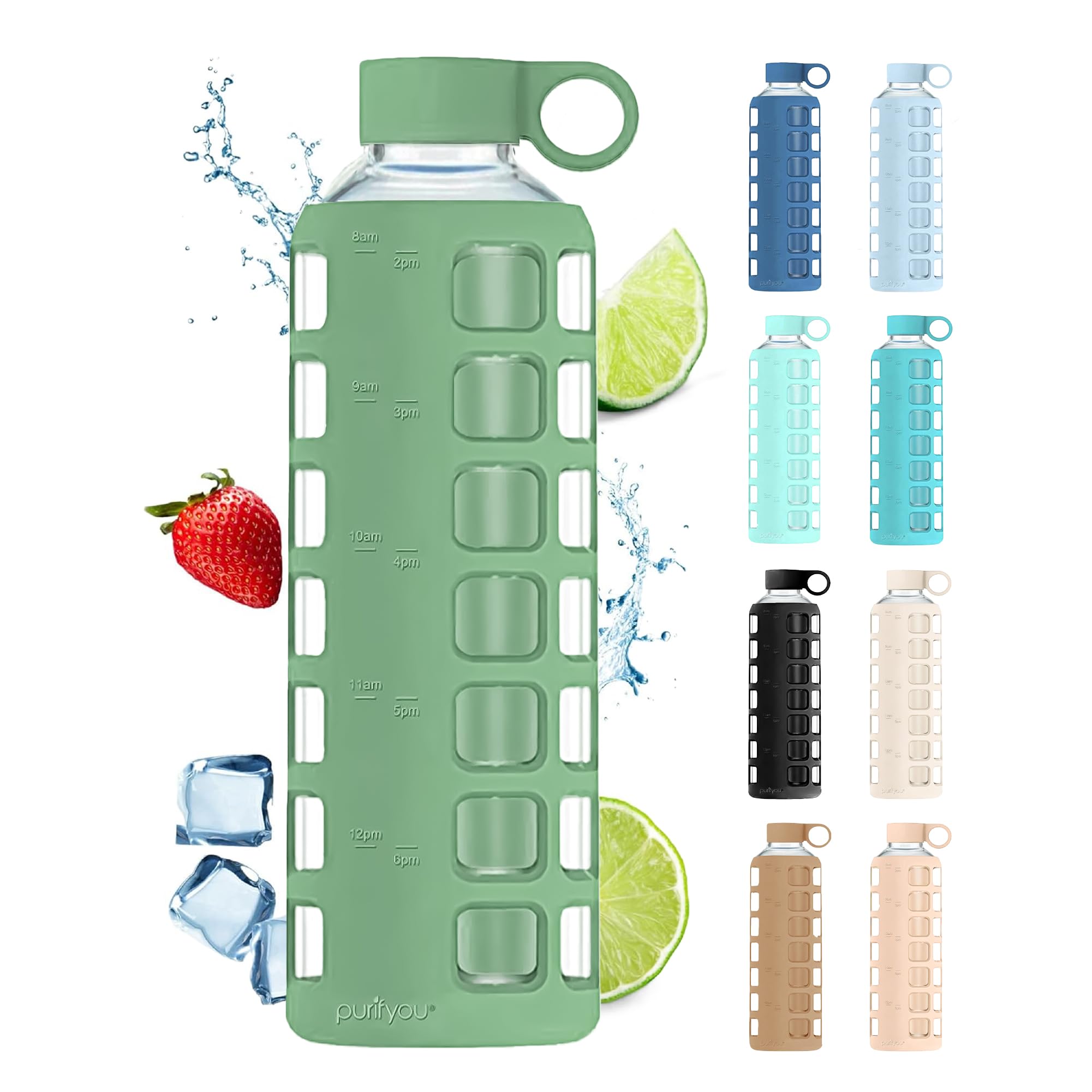 purifyou 40oz / 32oz / 22oz / 12oz Borosilicate Glass Water Bottle with Time & Volume Markers, Silicone Sleeve, Stainless Steel Lid | Reusable Glass Bottle for Water & Juice (32oz Jet Black)