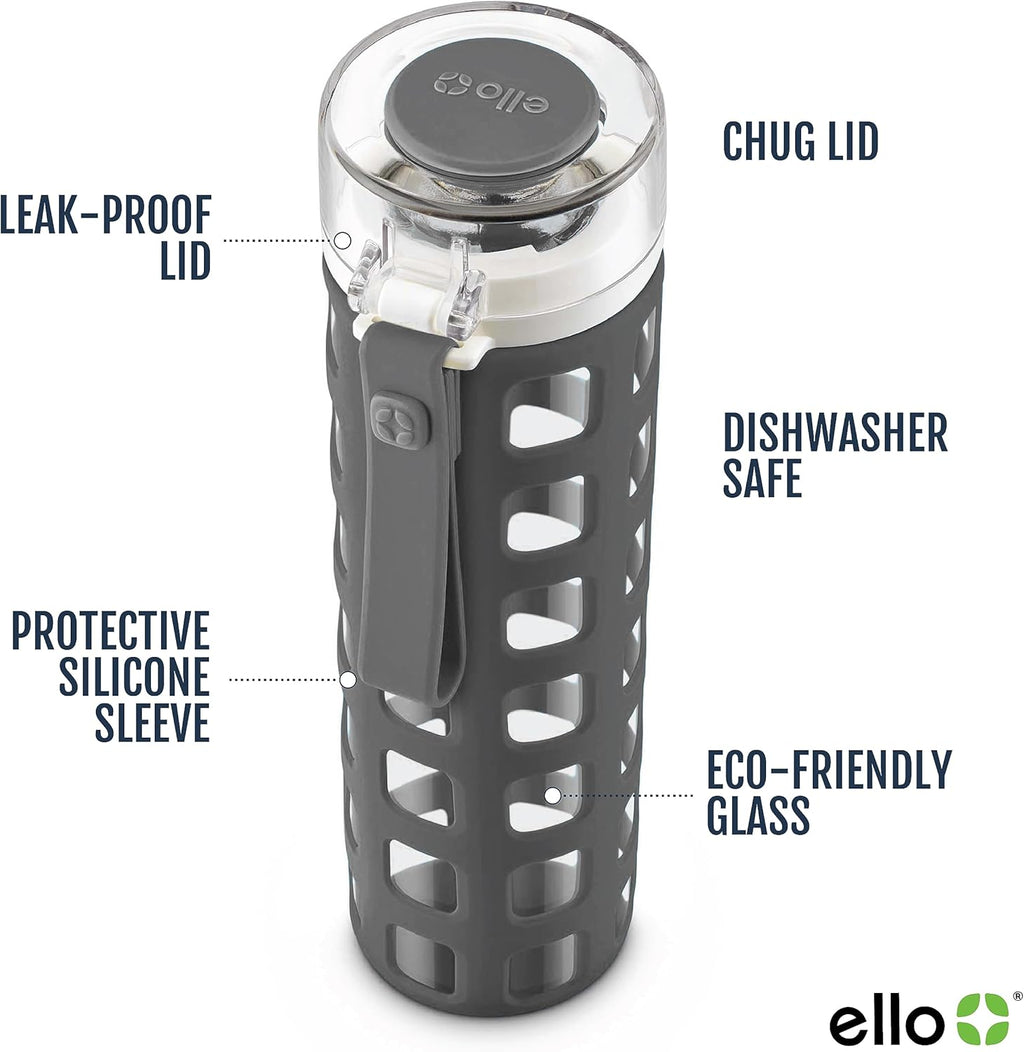 Ello Syndicate 20oz Reusable Glass Water Bottle with One-Touch Leak Proof Flip Lid and Protective Non-Slip Silicone Sleeve and Carry Loop for Coffee, Tea and Water, BPA-free, Dishwasher Safe, Pink