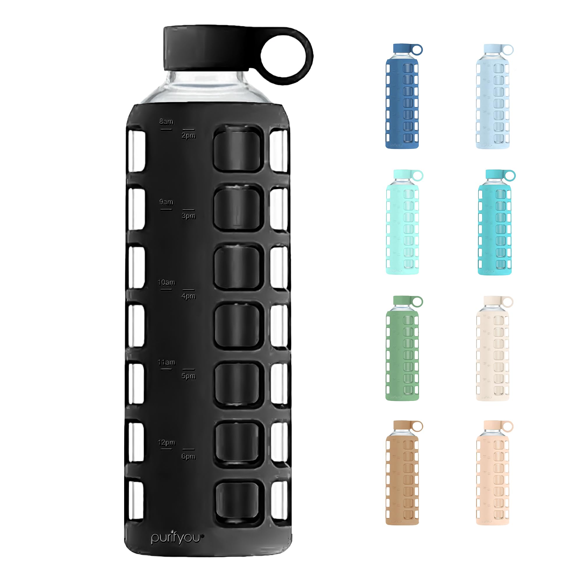 purifyou 40oz / 32oz / 22oz / 12oz Borosilicate Glass Water Bottle with Time & Volume Markers, Silicone Sleeve, Stainless Steel Lid | Reusable Glass Bottle for Water & Juice (32oz Jet Black)