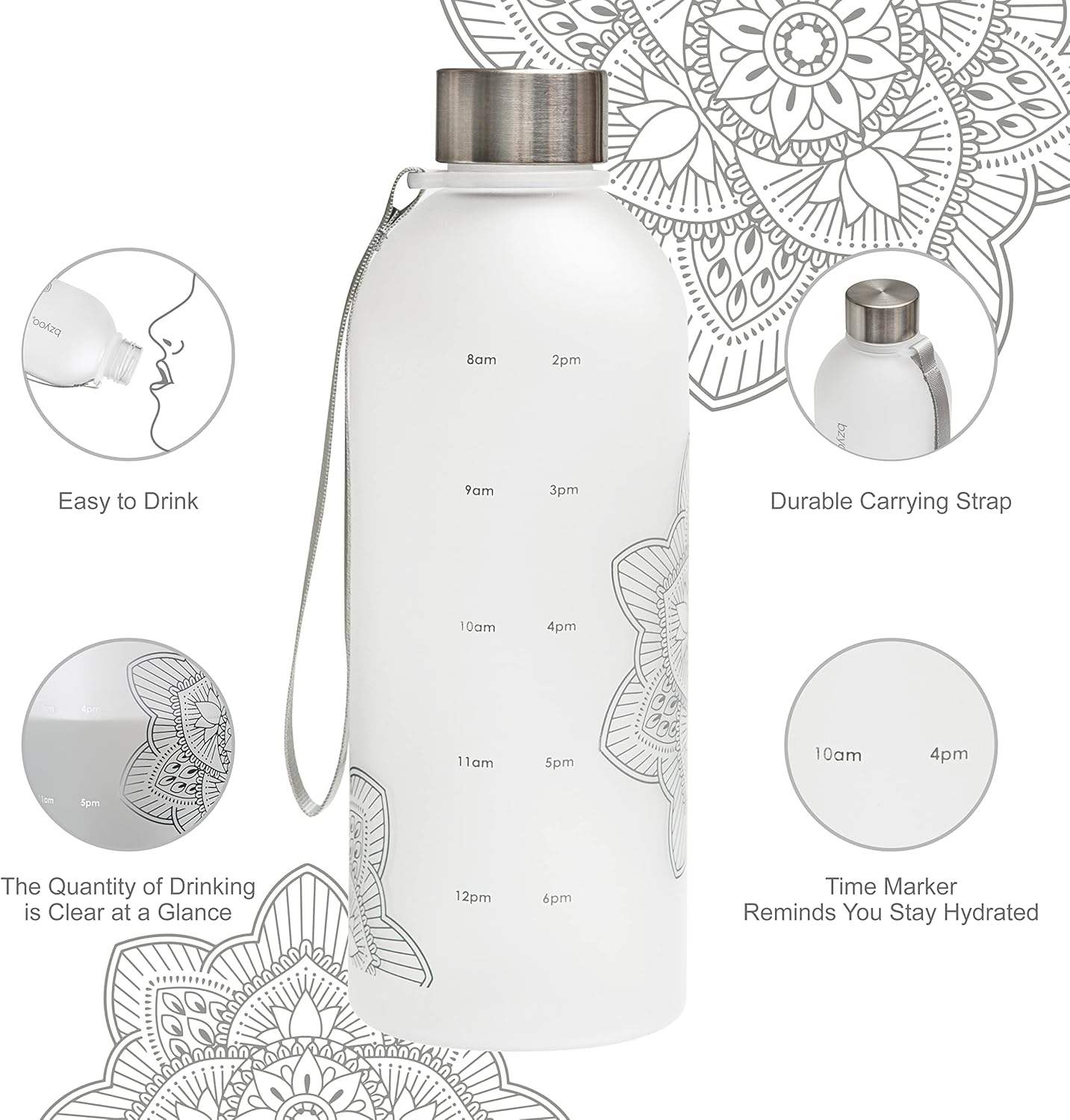 bzyoo 32 OZ 1 Liter Time Marker Water Bottle Frosted Durable Plastic With Strap - Reusable Clear Bottle With Times To Drink Time Markings For Daily Hydration Intake BPA Free (Silver)