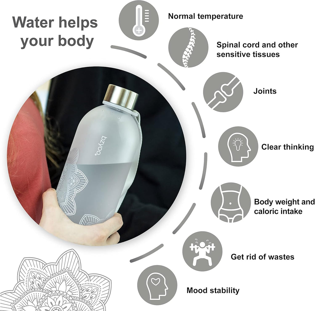 bzyoo 32 OZ 1 Liter Time Marker Water Bottle Frosted Durable Plastic With Strap - Reusable Clear Bottle With Times To Drink Time Markings For Daily Hydration Intake BPA Free (Silver)