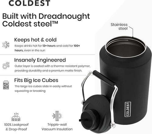 Coldest 128 oz Tumbler with Handle and Straw - 100% Spill Proof Tumbler with Straw (3 Lids) - Stainless Steel Insulated Leakproof Tumblers for Women & Men - Cup Holder Friendly - 128oz (Stealth Black)