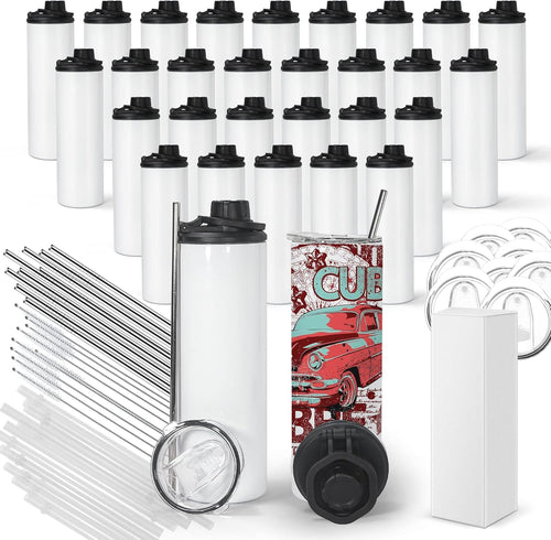 30 Pack Sublimation Water Bottle Blanks 20 oz Sublimation Sports Water Bottle with Handle Stainless Steel Sublimation Tumbler Blanks with Lids and Straws, Individually Box, White, DIY Gift