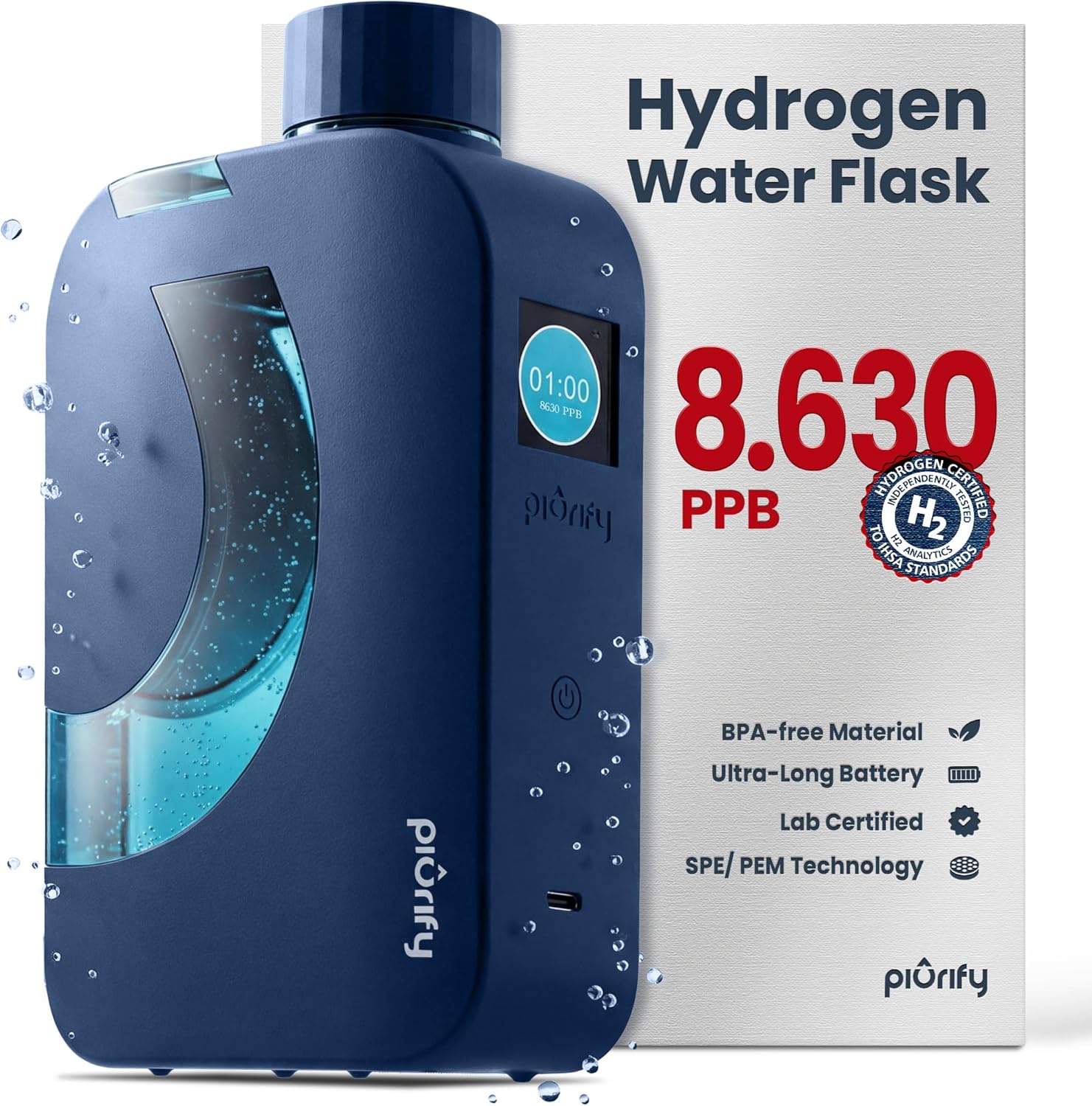 PIURIFY Flask Hydrogen Water Bottle | UP TO 8,630 PPB High-Purity H2 | 12 OZ | SPE/PEM Electrolysis | Self-Cleaning | Dual-Mode | 5000 mAh Battery | BPA-Free | Certified by H2 Analytics (Blue Mate)